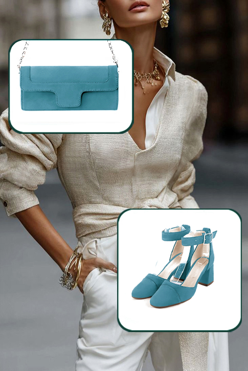 Dress heels closed-back ankle strap in peacock blue leather with medium flare heels and round toe - Worn view